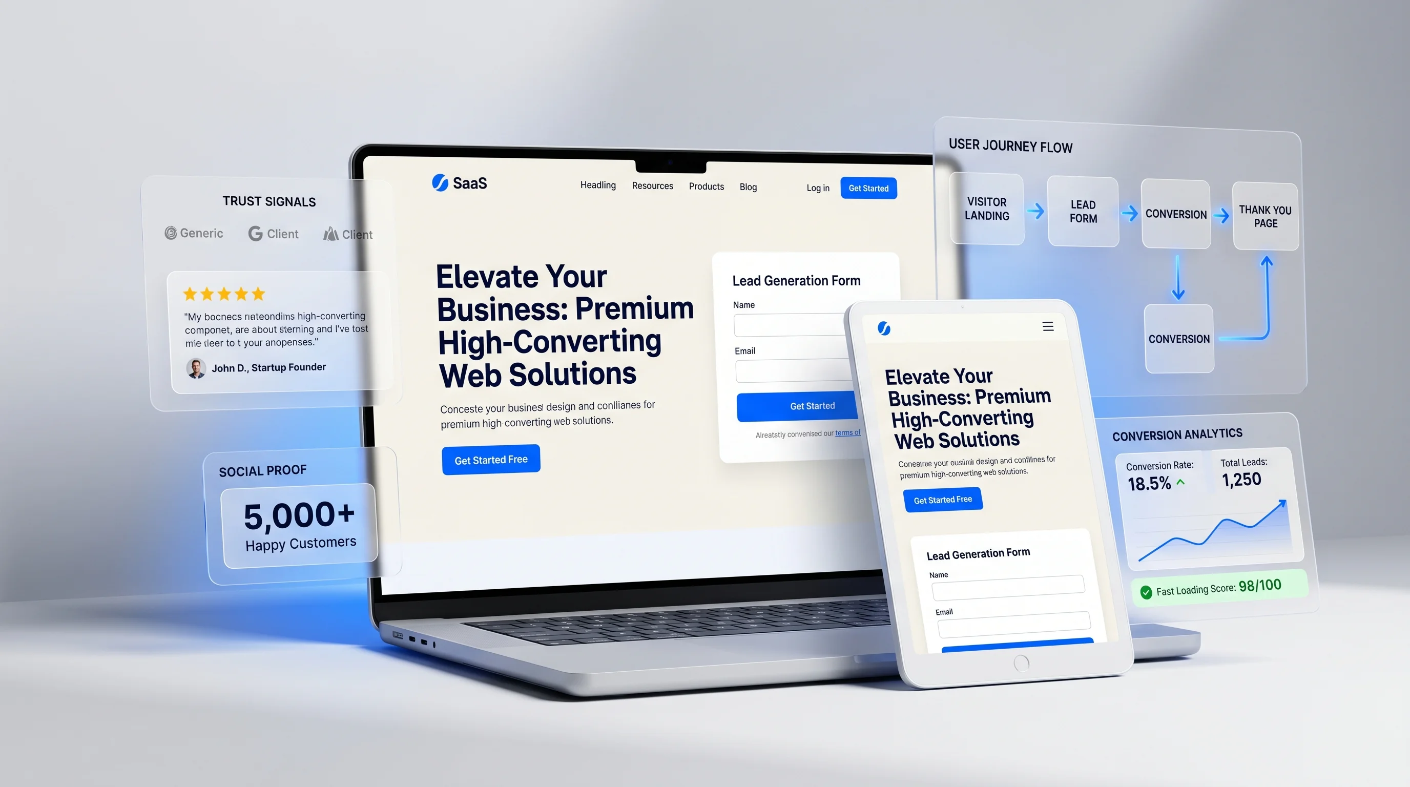 High converting landing page design layout on laptop and tablet