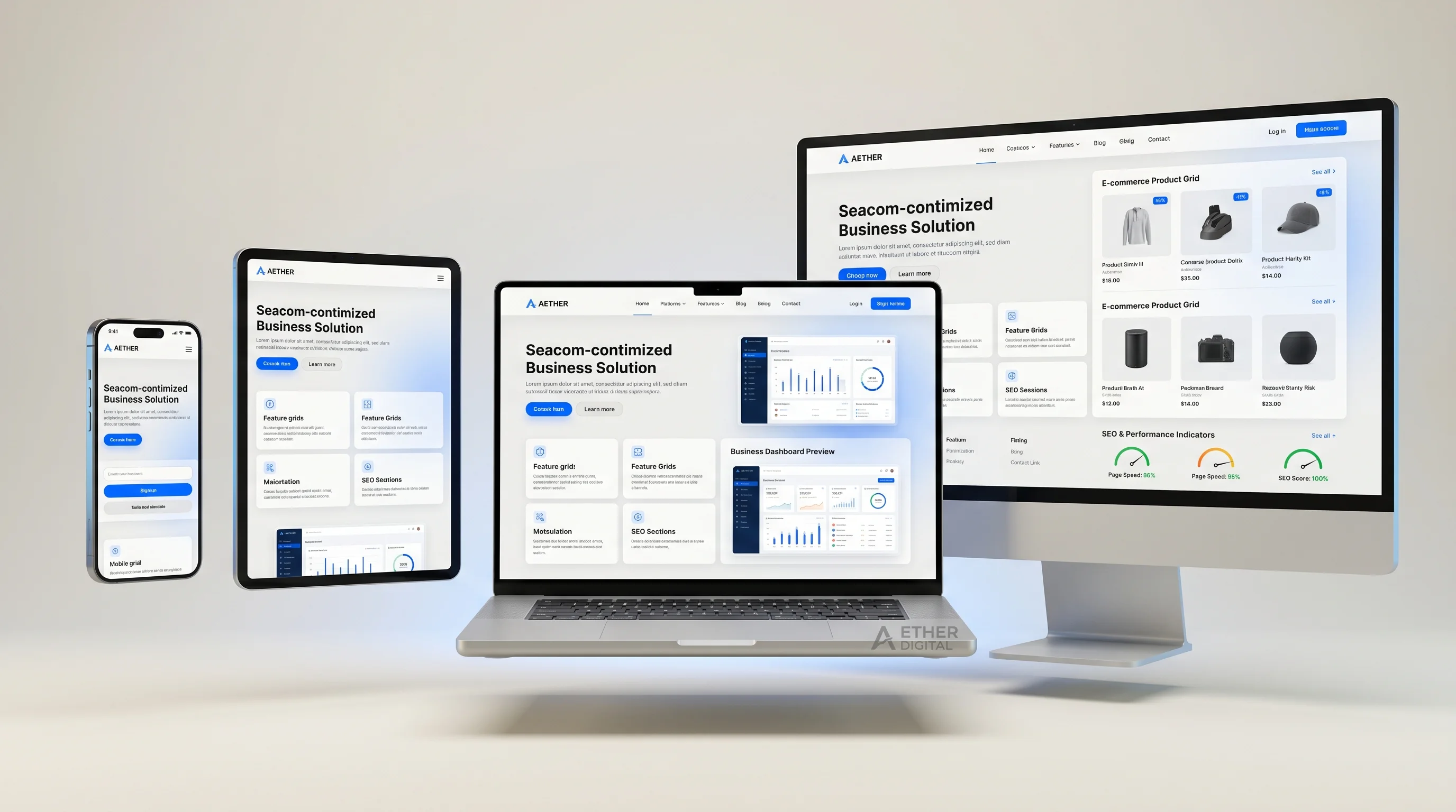 Responsive business website displayed across mobile tablet laptop and desktop