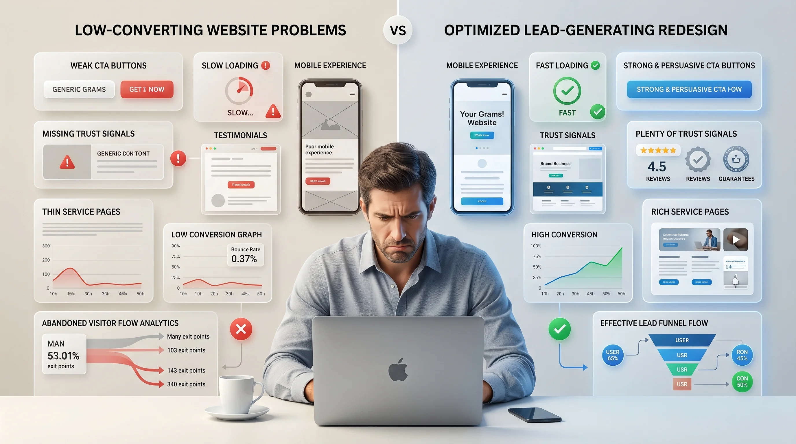 Small business owner reviewing website lead generation analytics